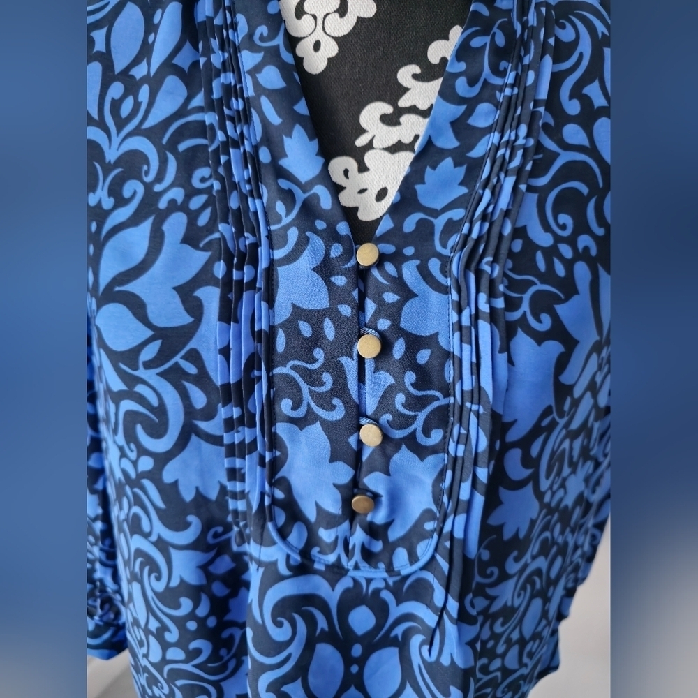 Banana Republic Blue Damask Print Popover Top Blouse Small - Picture 9 of 13
